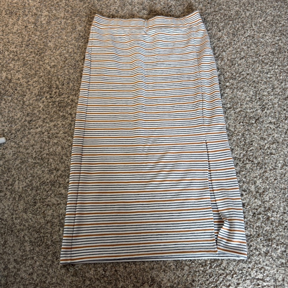 LOFT Striped Midi Skirt Womens Medium White Navy Orange Knit Pencil Side Slit